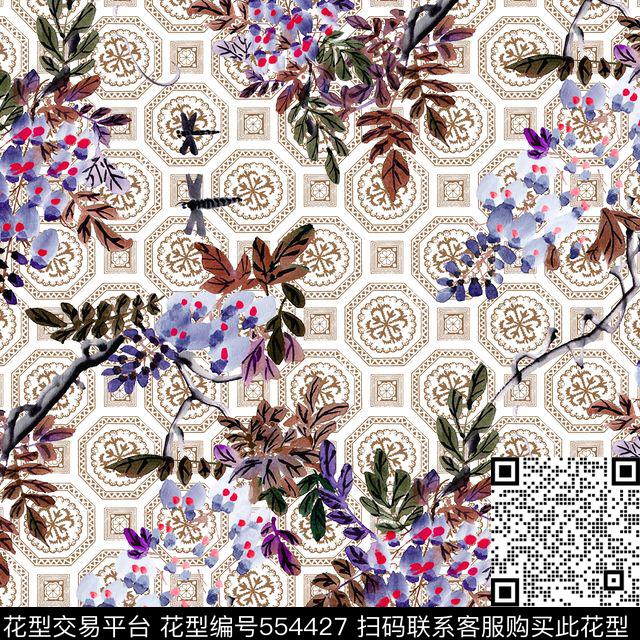 窗格纹水墨花卉女装数码印花华亿平台下载（图片编号: 554427） - 瓦栏（Walan）