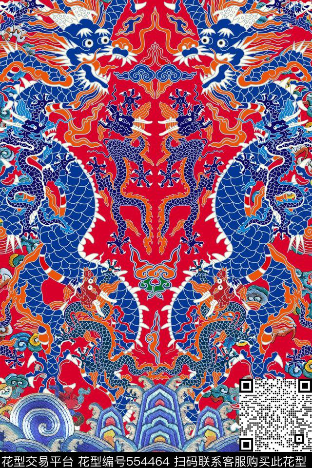 MAX-定位中国民族风云纹游龙左右对称几何定位旗袍印花数码印花华亿平台下载（图片编号: 554464） - 瓦栏（Walan）