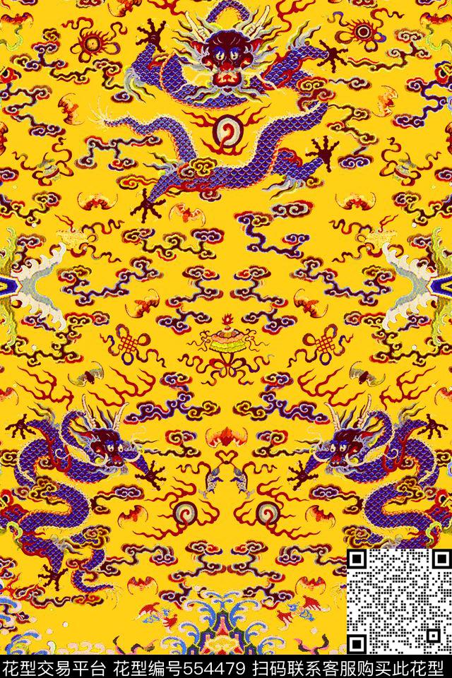 MAX-定位中国民族风云纹左右对称龙戏珠定位旗袍印花数码印花华亿平台下载（图片编号: 554479） - 瓦栏（Walan）