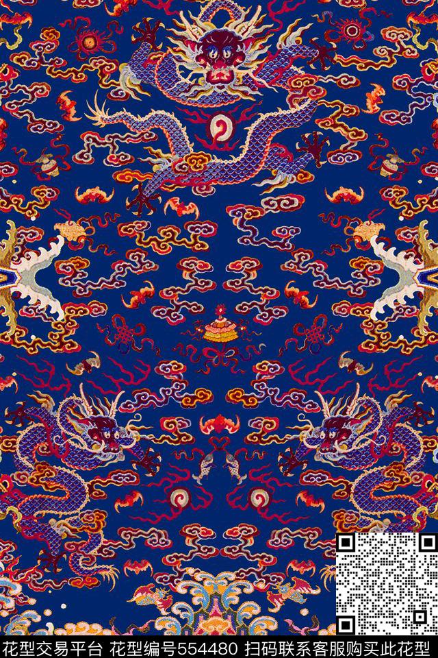 MAX-定位中国民族风云纹左右对称龙戏珠定位旗袍印花数码印花华亿平台下载（图片编号: 554480） - 瓦栏（Walan）
