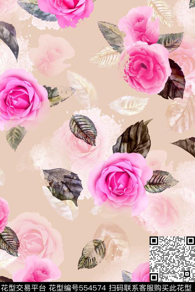 玫瑰手绘花卉素雅背景数码印花华亿平台下载（图片编号: 554574） - 瓦栏（Walan）