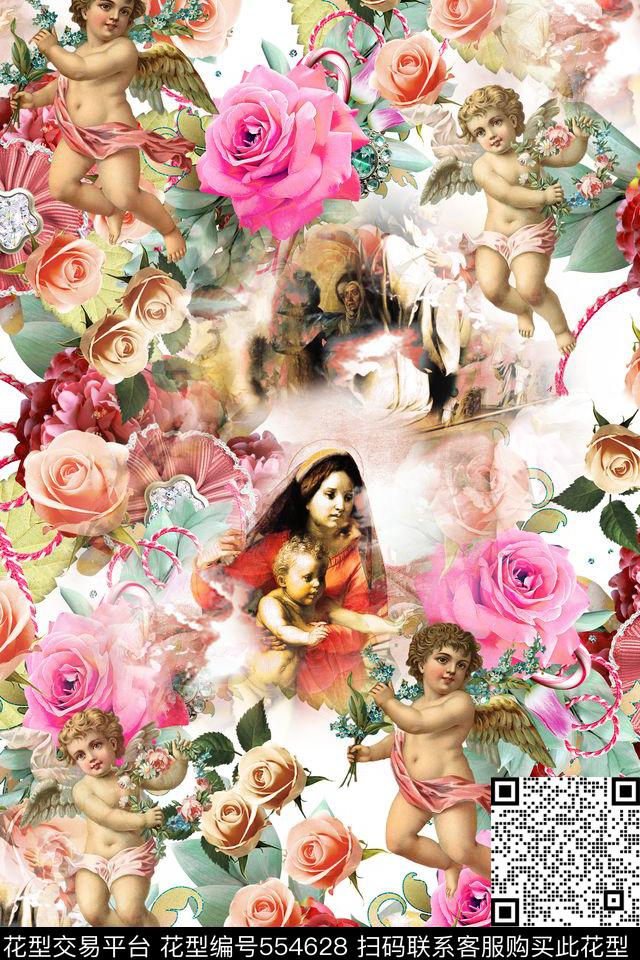 欧式复古宫廷风宗教圣母油画像油画天使花卉抽象肌理大牌女装休闲衬衫礼服数码印花华亿平台下载（图片编号: 554628） - 瓦栏（Walan）