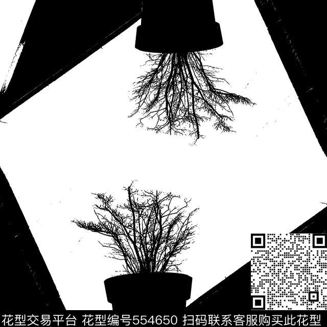 黑白对称几何枯树枝鱼子匠-清新印花传统印花华亿平台下载（图片编号: 554650） - 瓦栏（Walan）