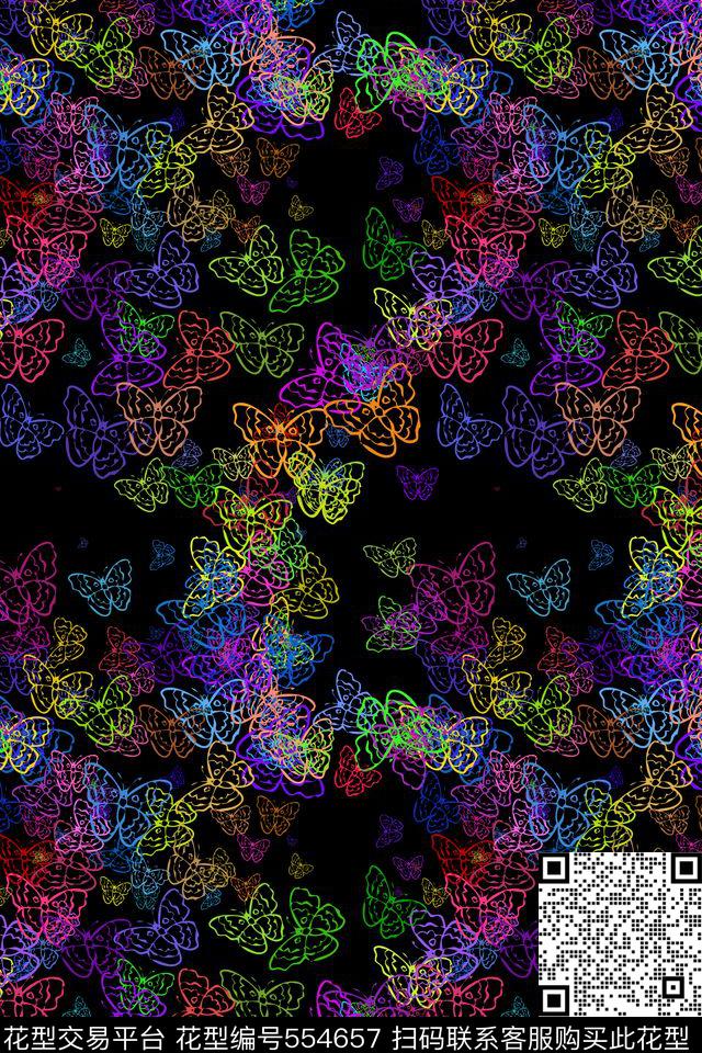 符号黑底蝴蝶传统印花华亿平台下载（图片编号: 554657） - 瓦栏（Walan）