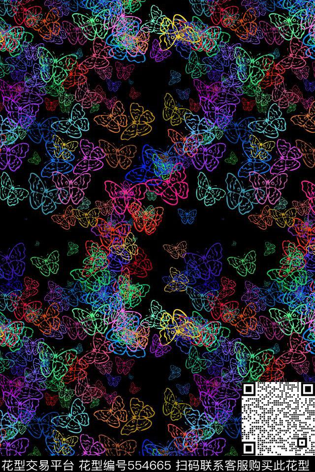 符号黑底蝴蝶传统印花华亿平台下载（图片编号: 554665） - 瓦栏（Walan）