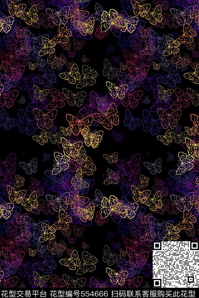 符号黑底蝴蝶传统印花华亿平台下载（图片编号: 554666） - 瓦栏（Walan）