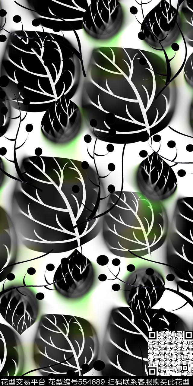 欧款黑白色树叶数码印花华亿平台下载（图片编号: 554689） - 瓦栏（Walan）