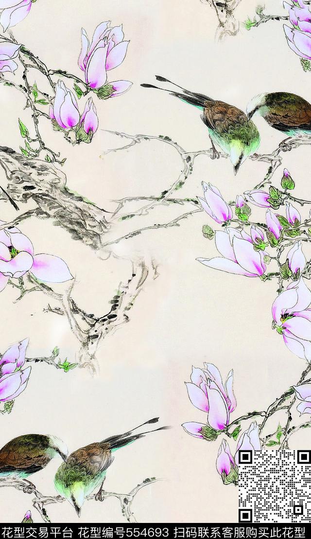 中国风小鸟栖树老树玉兰数码印花华亿平台下载（图片编号: 554693） - 瓦栏（Walan）