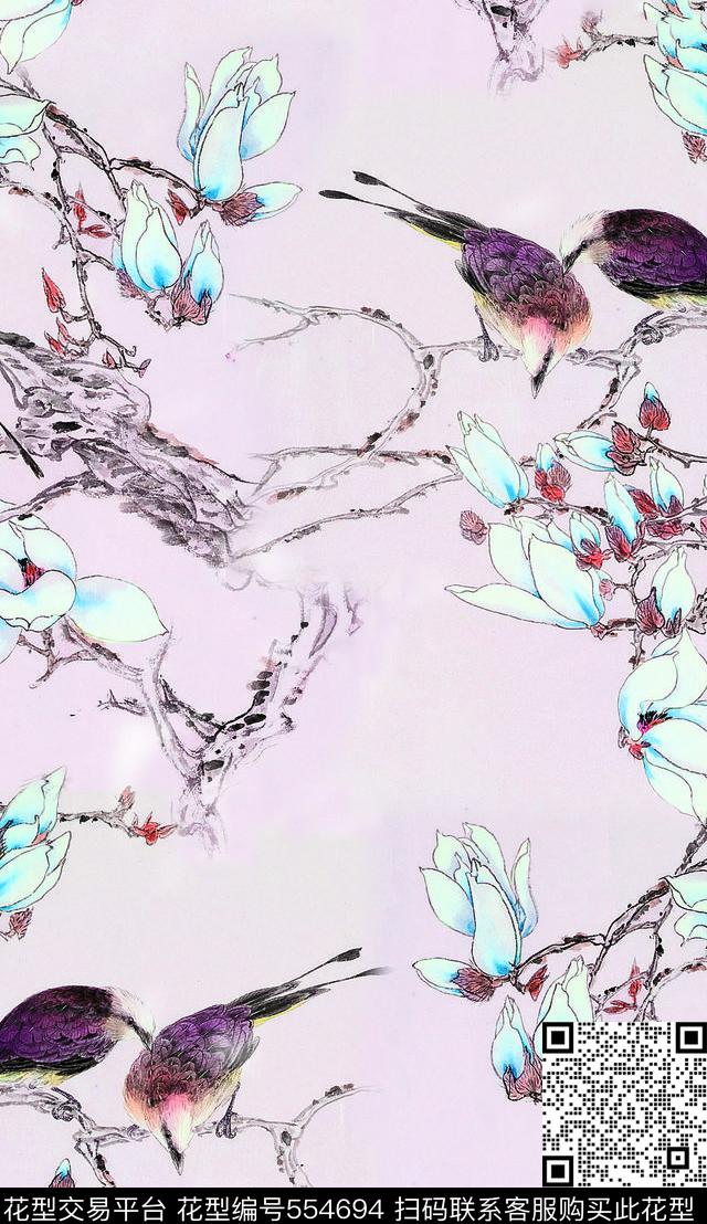 中国风小鸟栖树老树玉兰数码印花华亿平台下载（图片编号: 554694） - 瓦栏（Walan）