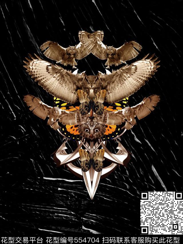 时尚猫头鹰羽毛数码印花华亿平台下载（图片编号: 554704） - 瓦栏（Walan）