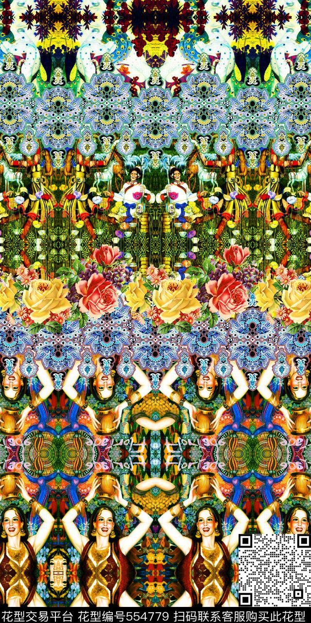 民族风人物画花卉数码印花华亿平台下载（图片编号: 554779） - 瓦栏（Walan）