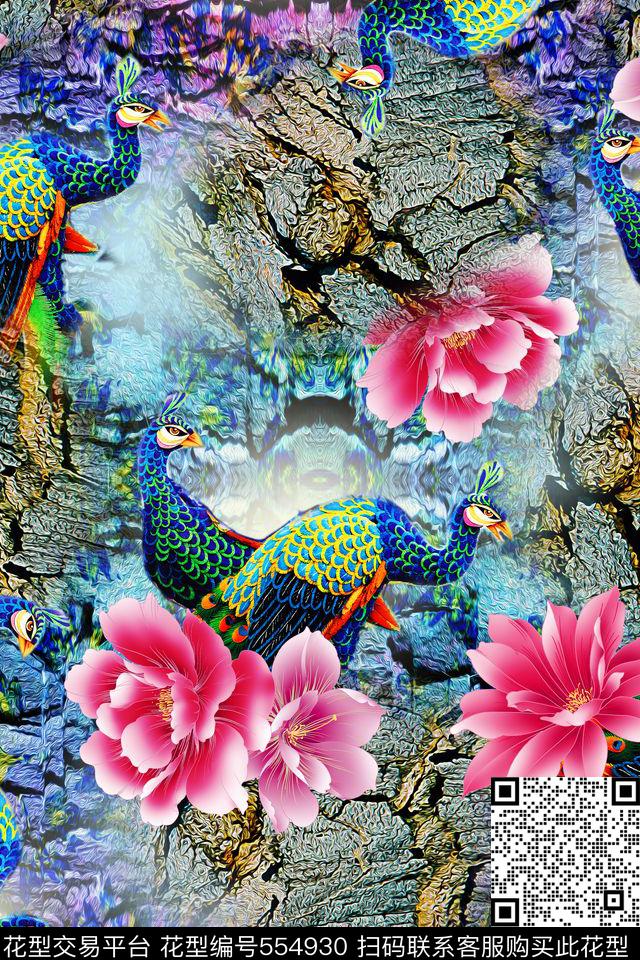 中国风时尚大牌孔雀数码印花华亿平台下载（图片编号: 554930） - 瓦栏（Walan）