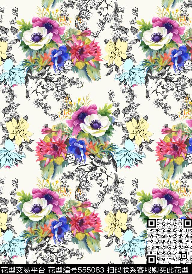 时尚花卉树叶枝条数码印花华亿平台下载（图片编号: 555083） - 瓦栏（Walan）