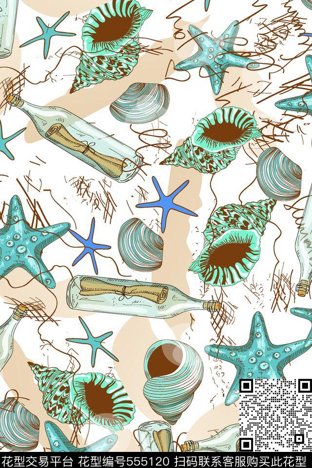 蓝色贝壳海星传统印花华亿平台下载（图片编号: 555120） - 瓦栏（Walan）