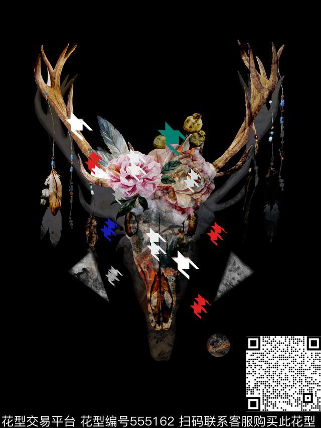 复古油画驯鹿头骨数码印花华亿平台下载（图片编号: 555162） - 瓦栏（Walan）