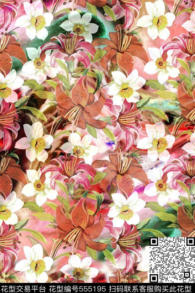 时尚潮流花卉炫彩数码印花华亿平台下载（图片编号: 555195） - 瓦栏（Walan）