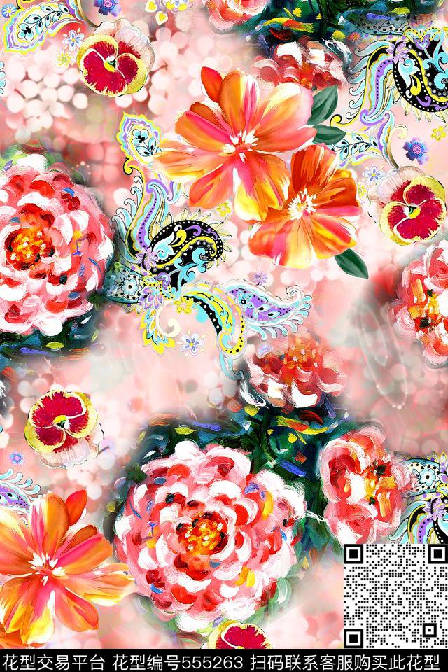 时尚手绘花卉数码印花华亿平台下载（图片编号: 555263） - 瓦栏（Walan）