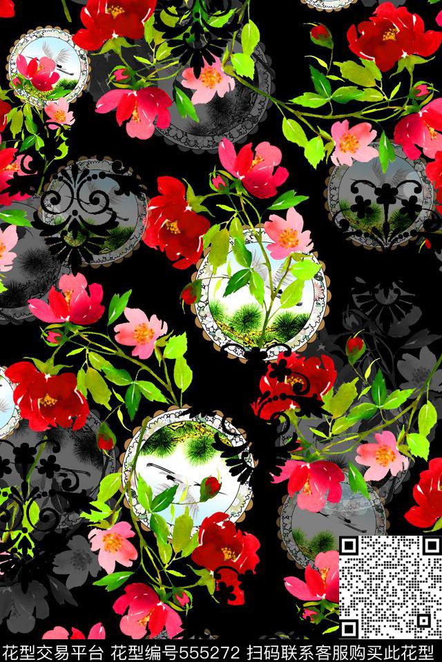 抽象女装图案中国风女装图案手绘花数码印花华亿平台下载（图片编号: 555272） - 瓦栏（Walan）