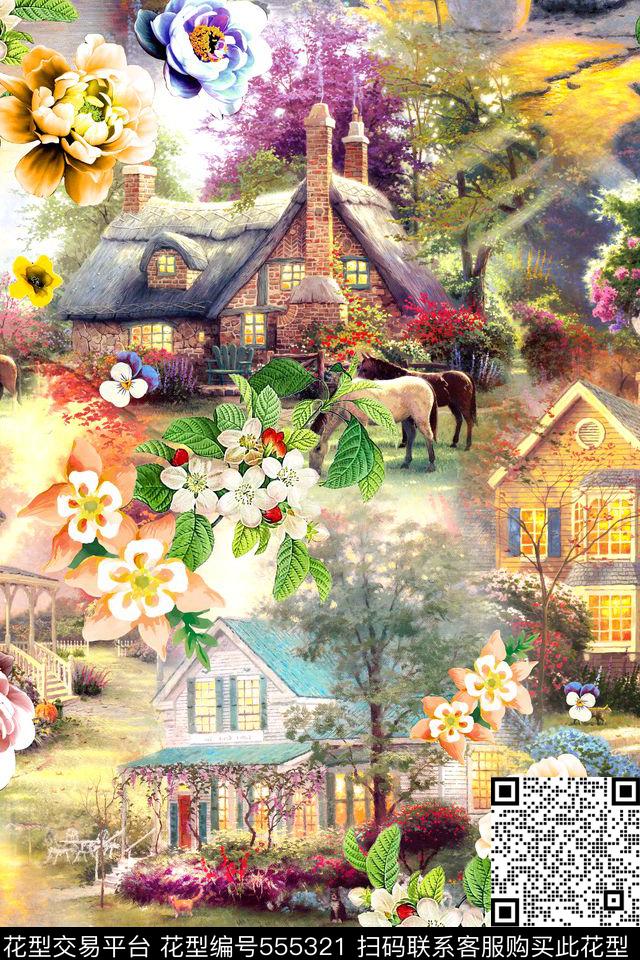 时尚欧式建筑油画风景数码印花华亿平台下载（图片编号: 555321） - 瓦栏（Walan）