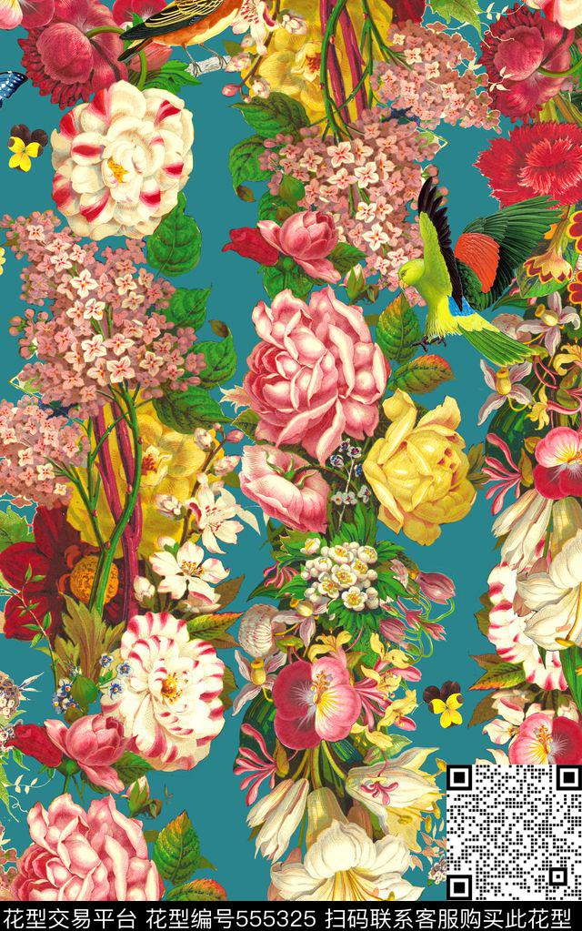 时尚手绘花卉鹦鹉数码印花华亿平台下载（图片编号: 555325） - 瓦栏（Walan）