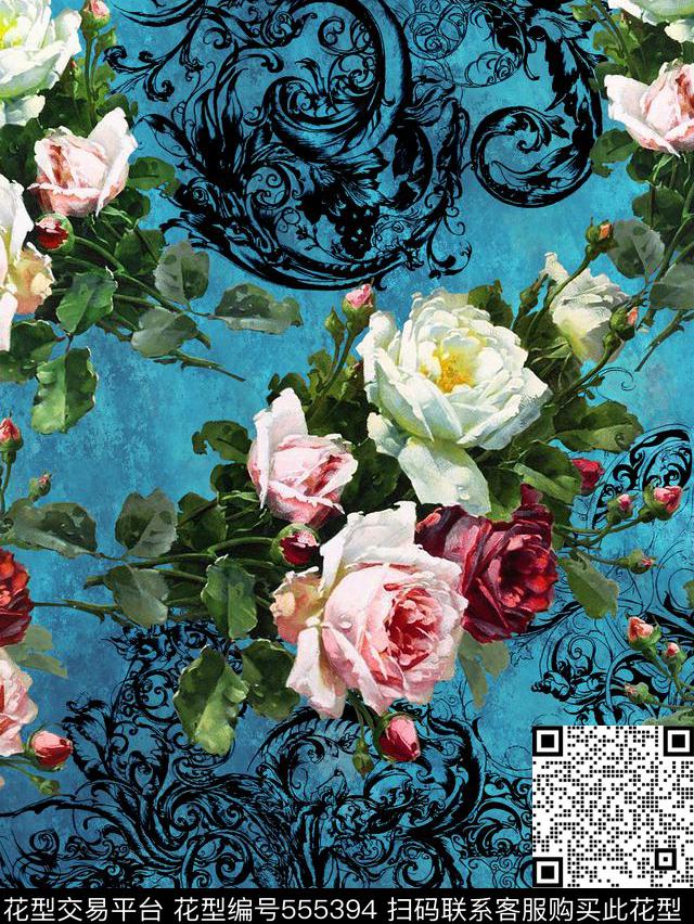 复古花卉服装数码印花华亿平台下载（图片编号: 555394） - 瓦栏（Walan）
