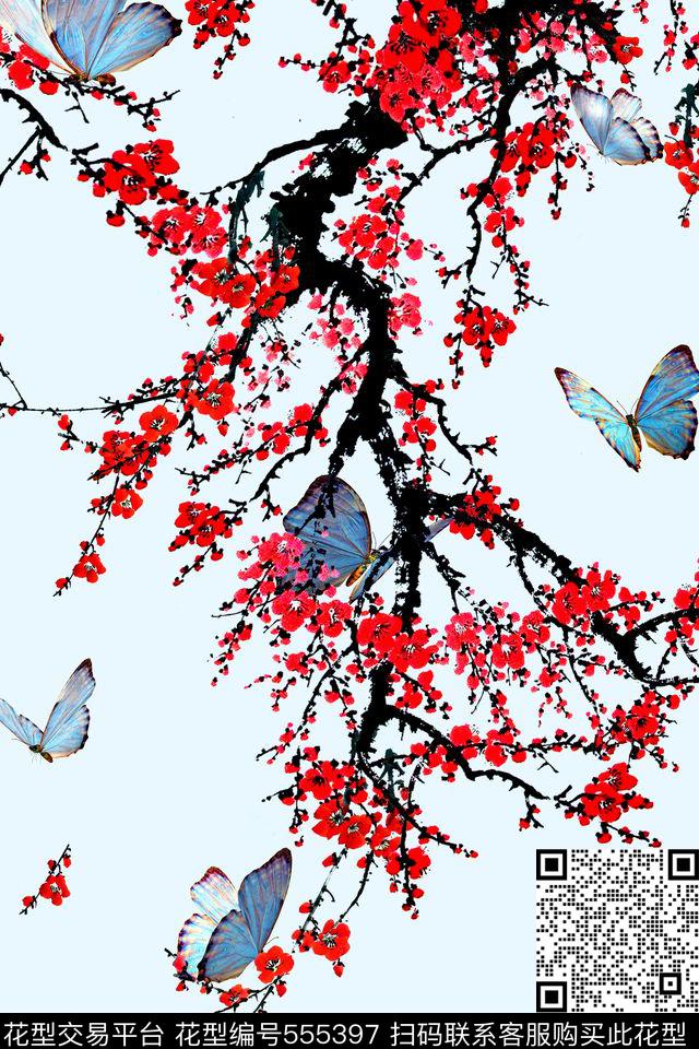 蝴蝶定位青花瓷靛蓝数码印花华亿平台下载（图片编号: 555397） - 瓦栏（Walan）