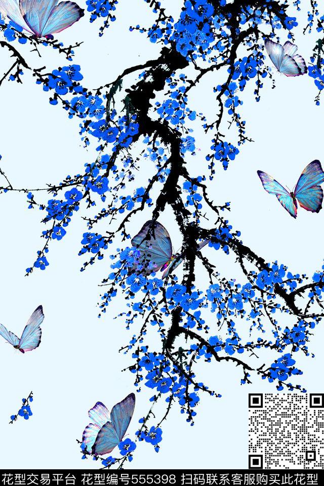 蝴蝶定位青花瓷靛蓝数码印花华亿平台下载（图片编号: 555398） - 瓦栏（Walan）