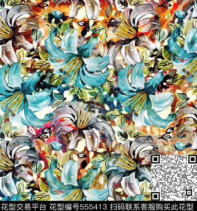 复古花卉水彩数码印花华亿平台下载（图片编号: 555413） - 瓦栏（Walan）