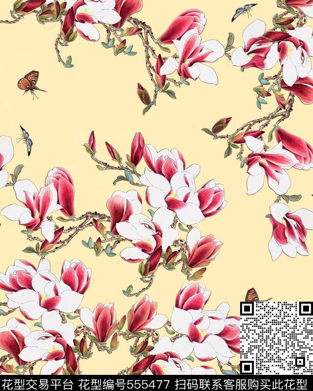 花开富贵玉兰花蝴蝶数码印花华亿平台下载（图片编号: 555477） - 瓦栏（Walan）