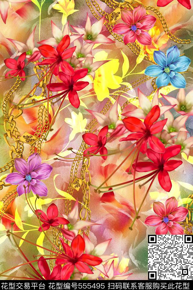 抽象炫彩抽象炫彩花卉肌理炫彩水彩花卉金色铁链大牌女装女士夏季连衣裙数码印花华亿平台下载（图片编号: 555495） - 瓦栏（Walan）