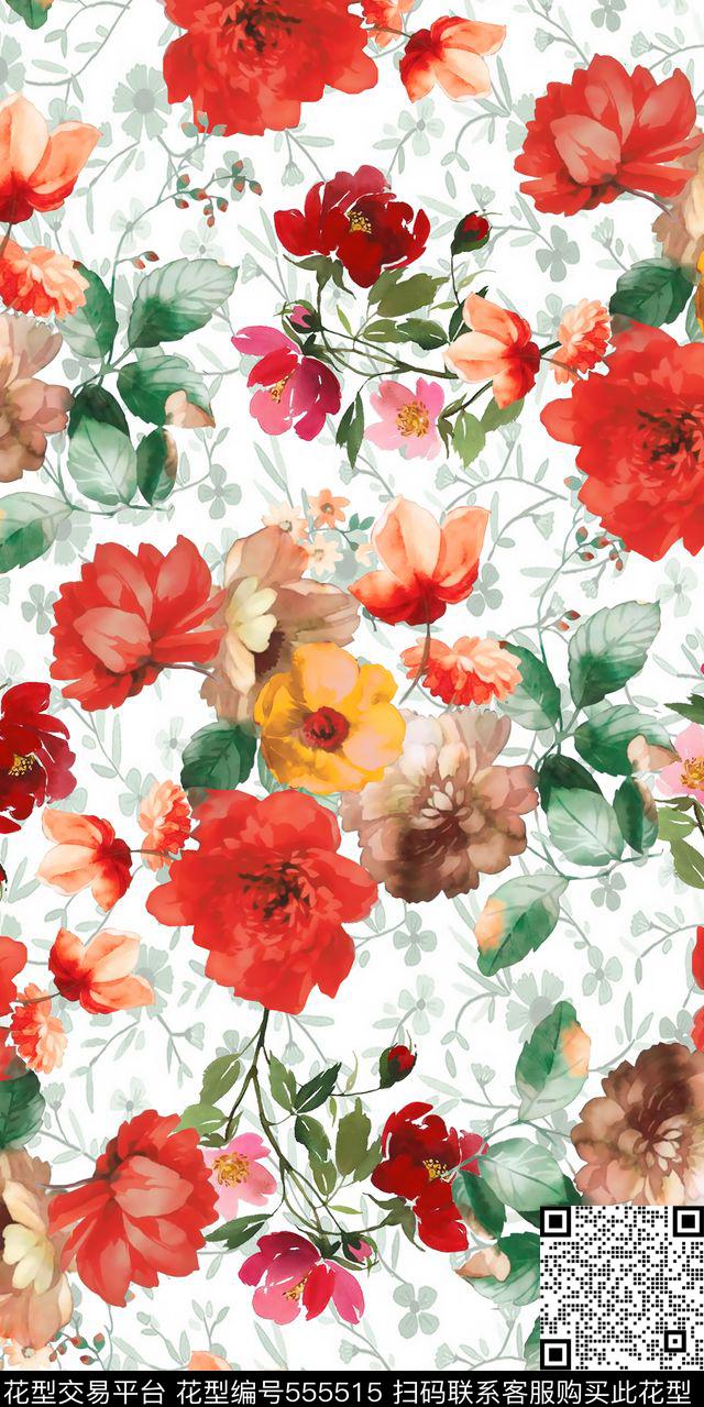 丝绸棉布化纤手绘水彩花卉女装裙子连衣裙数码印花华亿平台下载（图片编号: 555515） - 瓦栏（Walan）