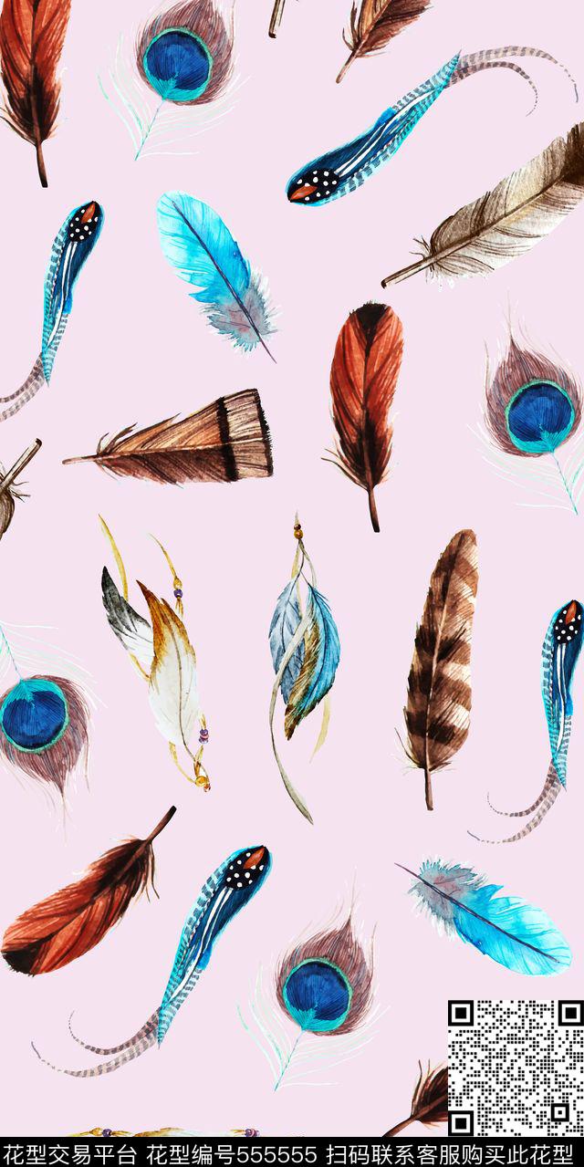 水彩羽毛中国风数码印花华亿平台下载（图片编号: 555555） - 瓦栏（Walan）