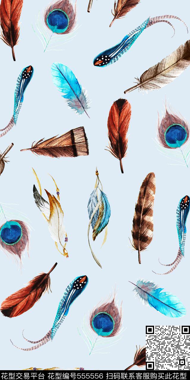 水彩羽毛中国风数码印花华亿平台下载（图片编号: 555556） - 瓦栏（Walan）