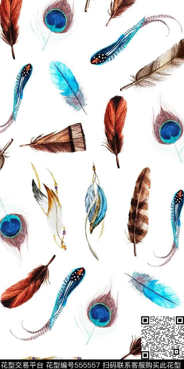 水彩羽毛中国风数码印花华亿平台下载（图片编号: 555557） - 瓦栏（Walan）
