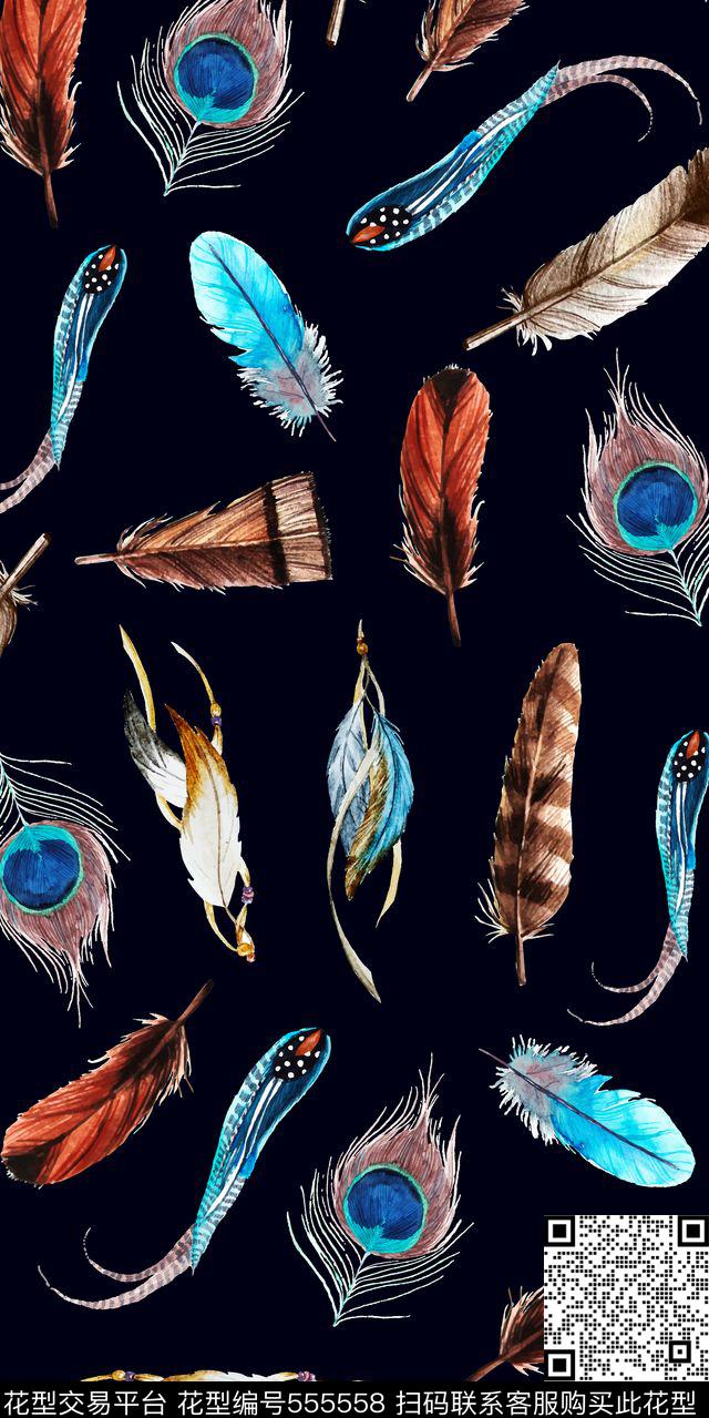 水彩羽毛中国风数码印花华亿平台下载（图片编号: 555558） - 瓦栏（Walan）