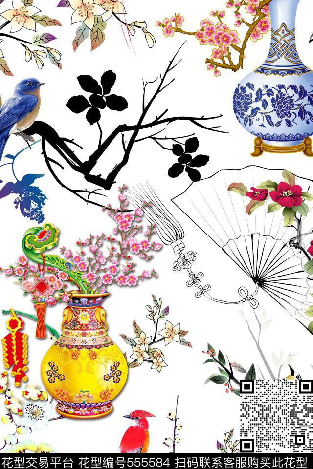 复古中国风梅花喜鹊陶瓷花古典中国风欧式复古数码印花华亿平台下载（图片编号: 555584） - 瓦栏（Walan）