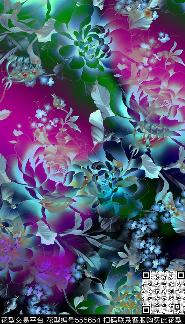 水彩油画高档旗袍大花女装数码印花华亿平台下载（图片编号: 555654） - 瓦栏（Walan）