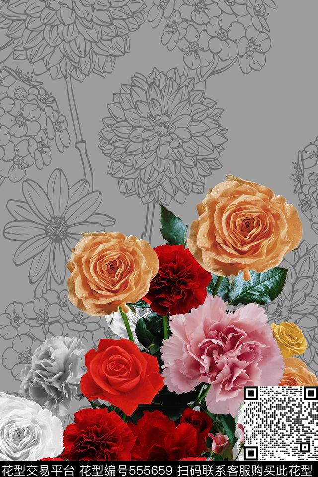 花卉花卉组合玫瑰数码印花华亿平台下载（图片编号: 555659） - 瓦栏（Walan）