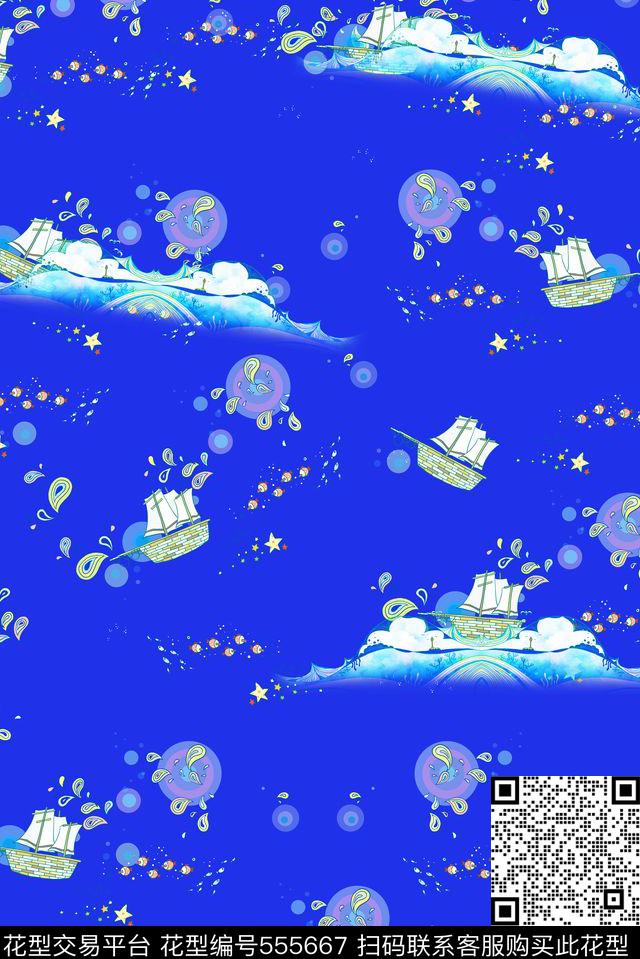 流行时尚卡通船鱼星星浪花气泡服装童装家纺卡通传统印花华亿平台下载（图片编号: 555667） - 瓦栏（Walan）