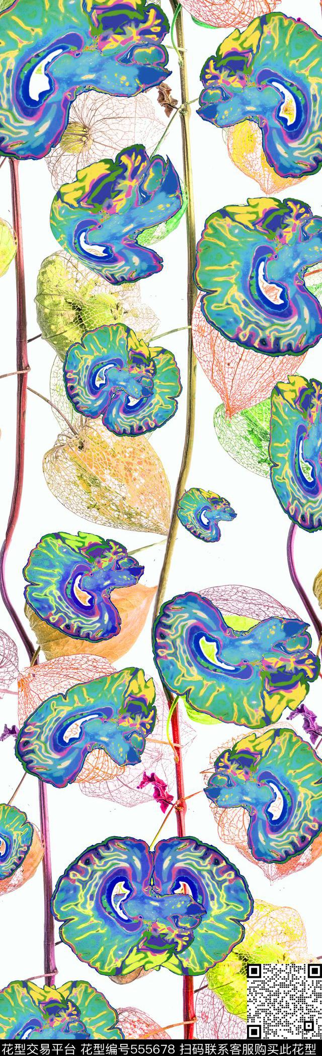 骷髅叶子抽象数码印花华亿平台下载（图片编号: 555678） - 瓦栏（Walan）