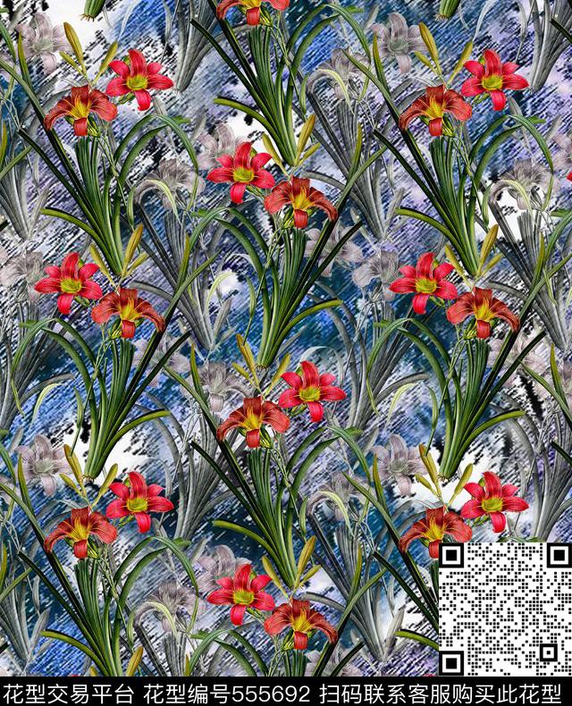 复古水仙花卉服装数码印花华亿平台下载（图片编号: 555692） - 瓦栏（Walan）