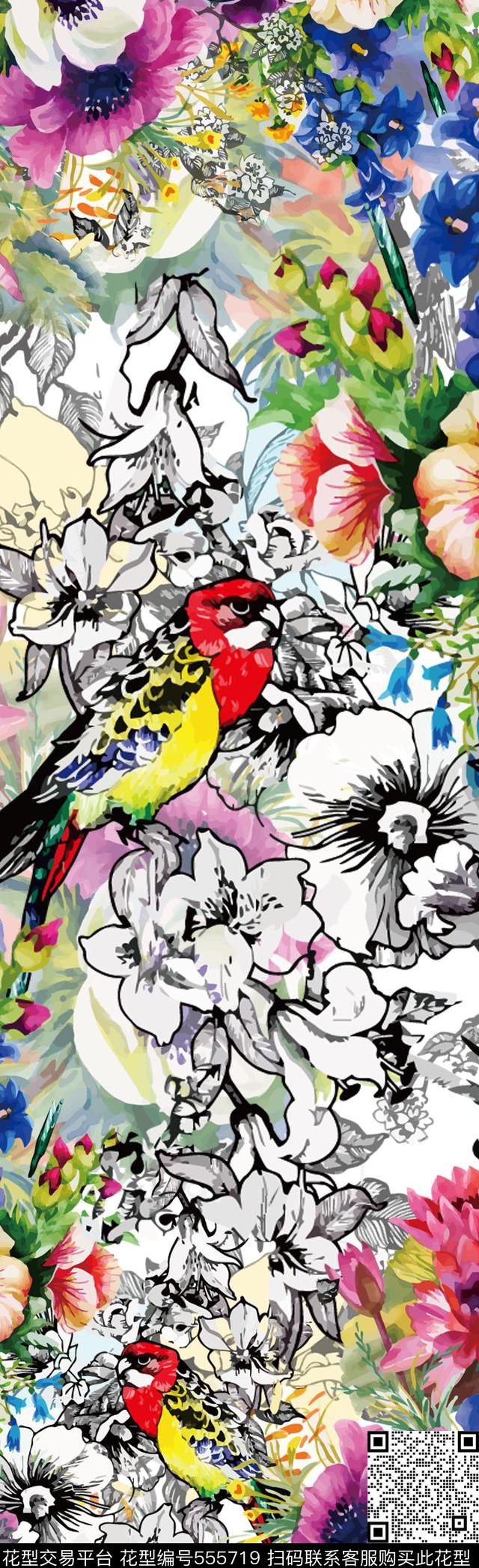 花鸟水彩花卉长巾数码印花华亿平台下载（图片编号: 555719） - 瓦栏（Walan）