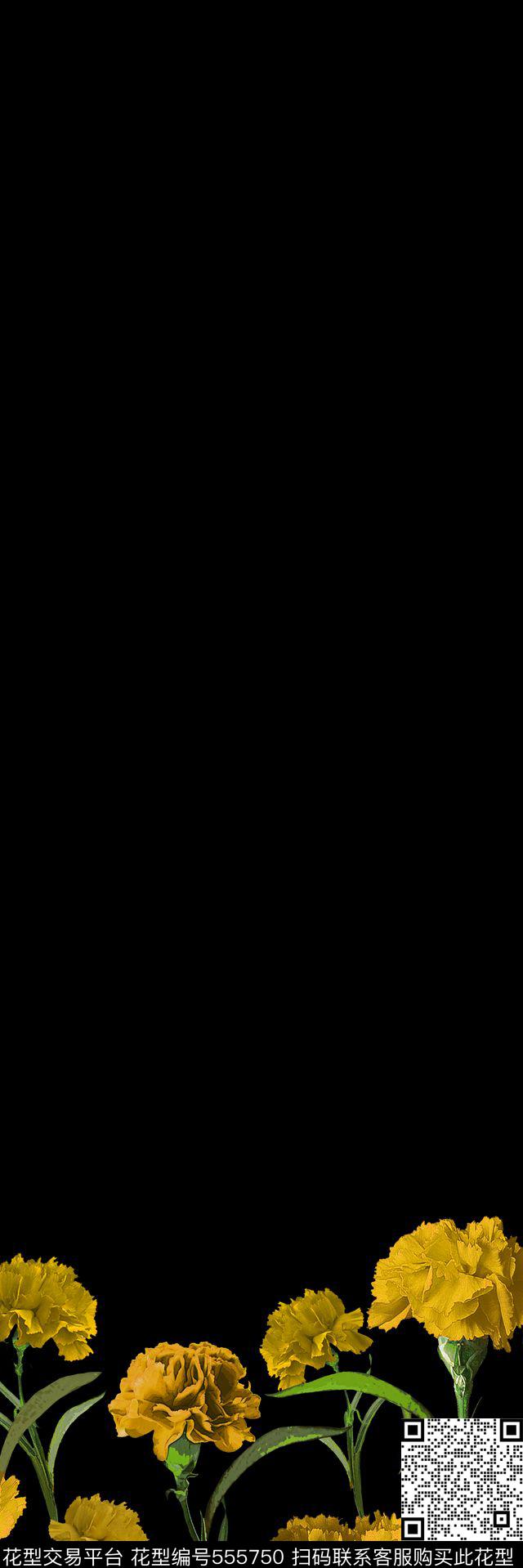酥脆黑底康乃馨数码印花华亿平台下载（图片编号: 555750） - 瓦栏（Walan）
