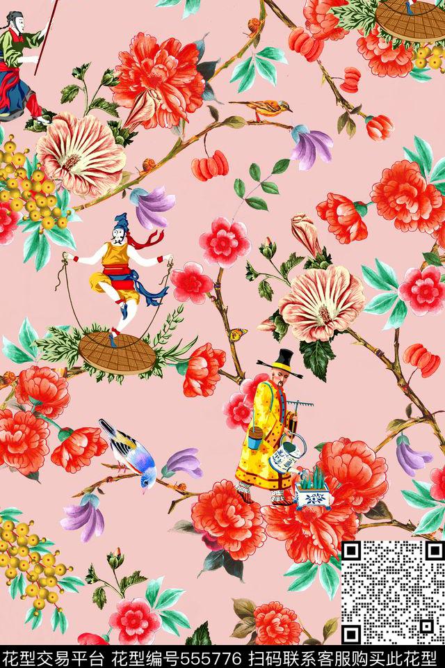 时尚手绘花卉数码印花华亿平台下载（图片编号: 555776） - 瓦栏（Walan）