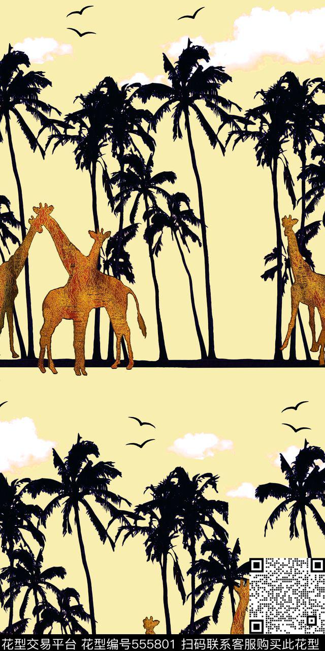 淡黄底长颈鹿椰树数码印花华亿平台下载（图片编号: 555801） - 瓦栏（Walan）