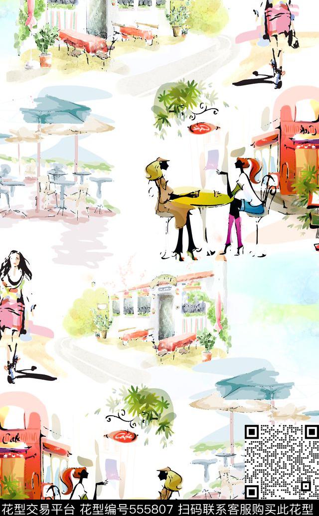 休闲风景清新手绘风景人物传统印花华亿平台下载（图片编号: 555807） - 瓦栏（Walan）