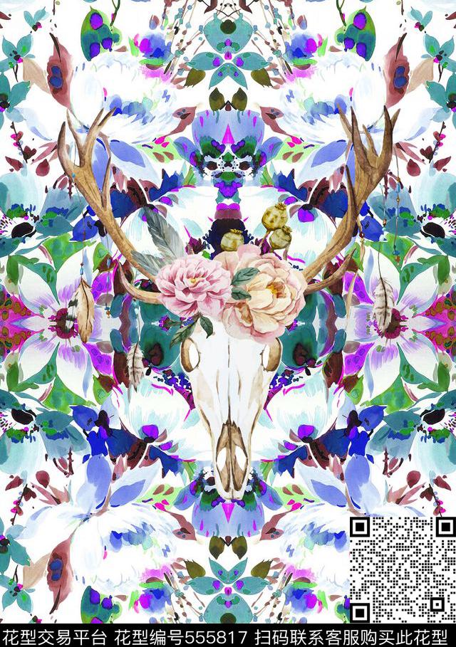 都市水彩花卉花朵水彩花卉花朵花枝羽毛羊角羊头数码印花华亿平台下载（图片编号: 555817） - 瓦栏（Walan）