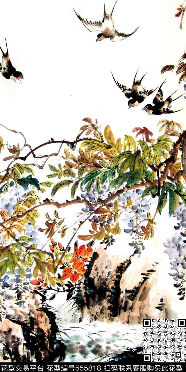 中国风水墨画水墨花鸟画数码印花华亿平台下载（图片编号: 555818） - 瓦栏（Walan）