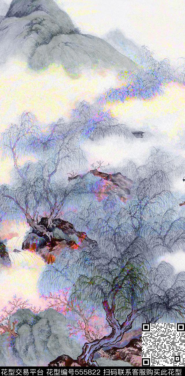 中国风山水风景水墨山水风景数码印花华亿平台下载（图片编号: 555822） - 瓦栏（Walan）