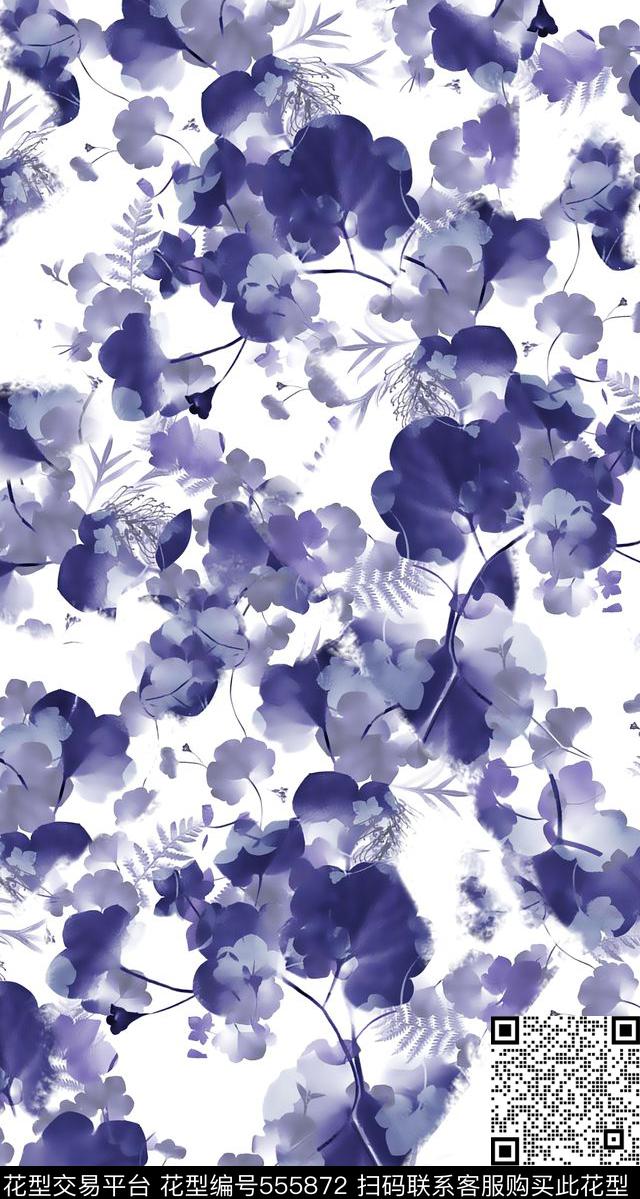 蓝色简单花卉传统印花华亿平台下载（图片编号: 555872） - 瓦栏（Walan）